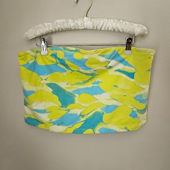 BP Tube Top Crop Strapless Blue Yellow Tie-Dye Casual Summer Vacation Neutral - Picture 2 of 9